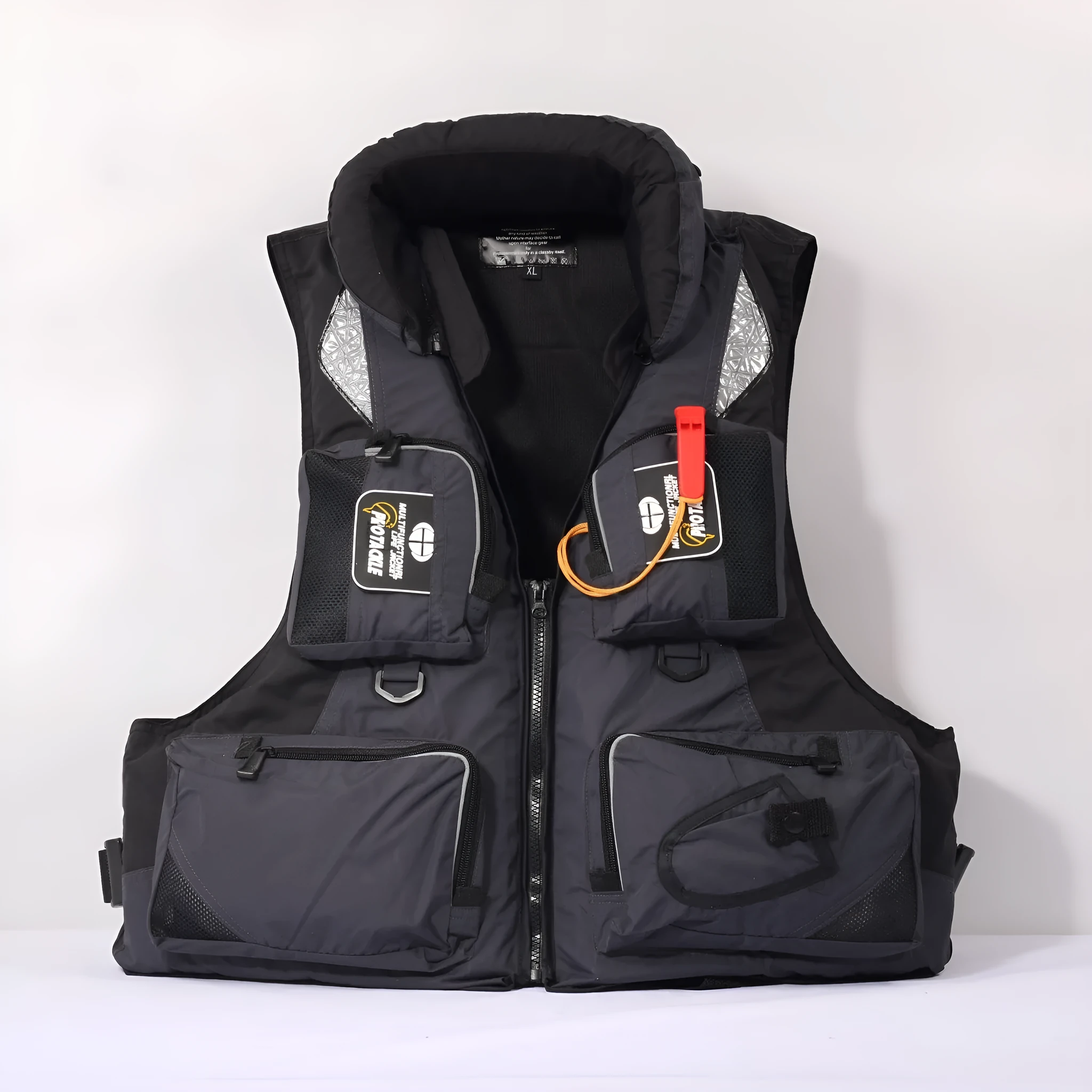 Sea fishing life jacket waistcoat in green with reflective strips and multiple pockets