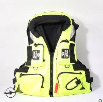 Sea fishing life jacket waistcoat in green with reflective strips and multiple pockets