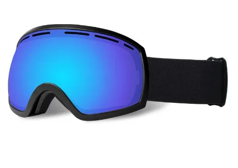 Large spherical ski goggles with black frame and REVO blue lens for night skiing
