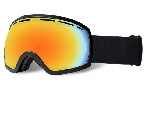 Large spherical ski goggles with black frame and REVO blue lens for night skiing
