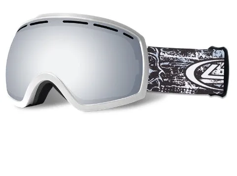 Large spherical ski goggles with black frame and REVO blue lens for night skiing