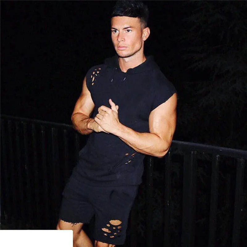 Men's cotton blend training suit set with hooded black sleeveless top and matching trousers