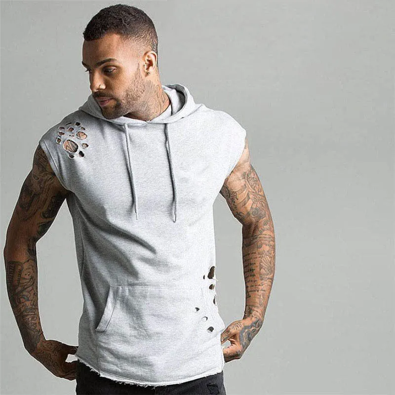 Men's cotton blend training suit set with hooded black sleeveless top and matching trousers