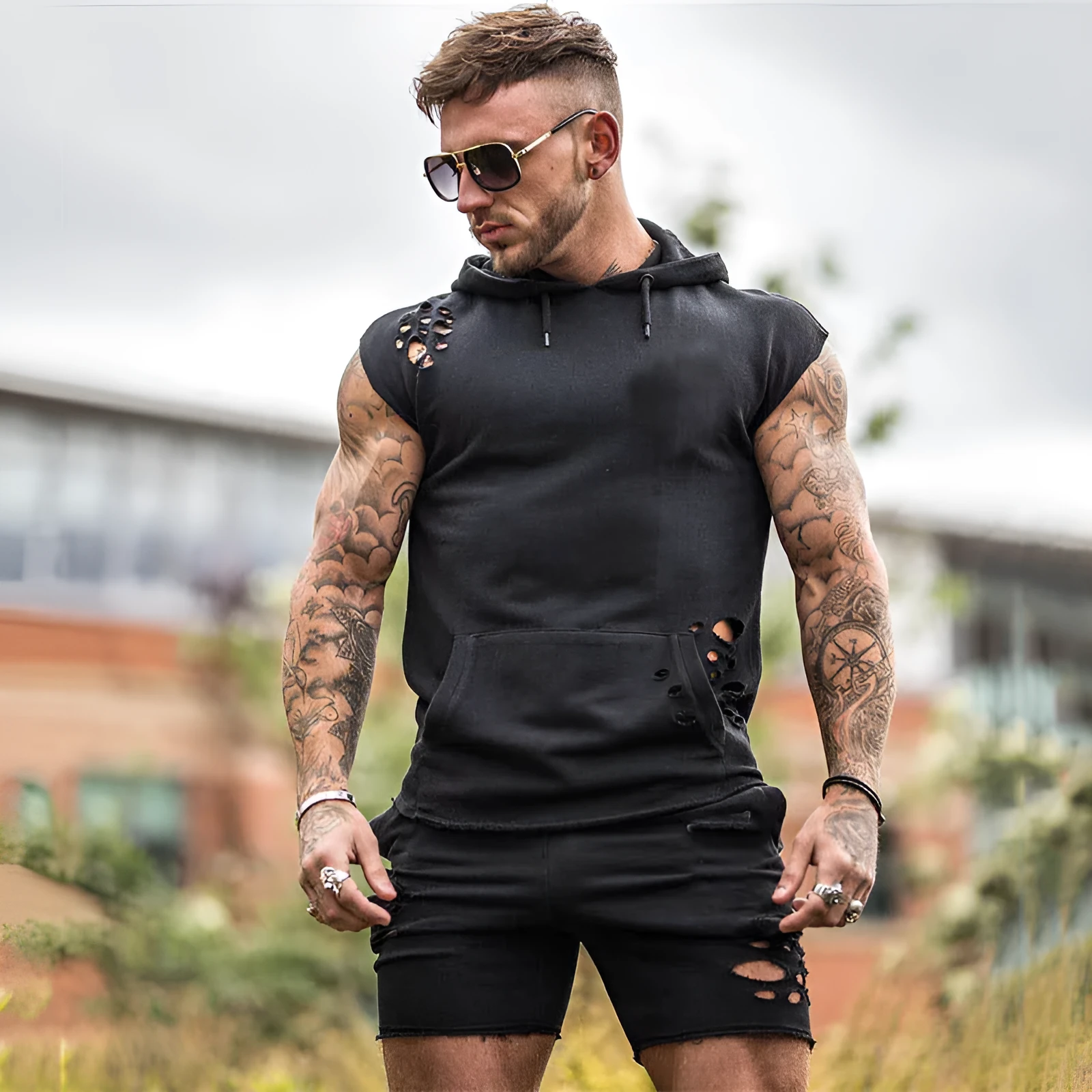 Men's cotton blend training suit set with hooded black sleeveless top and matching trousers