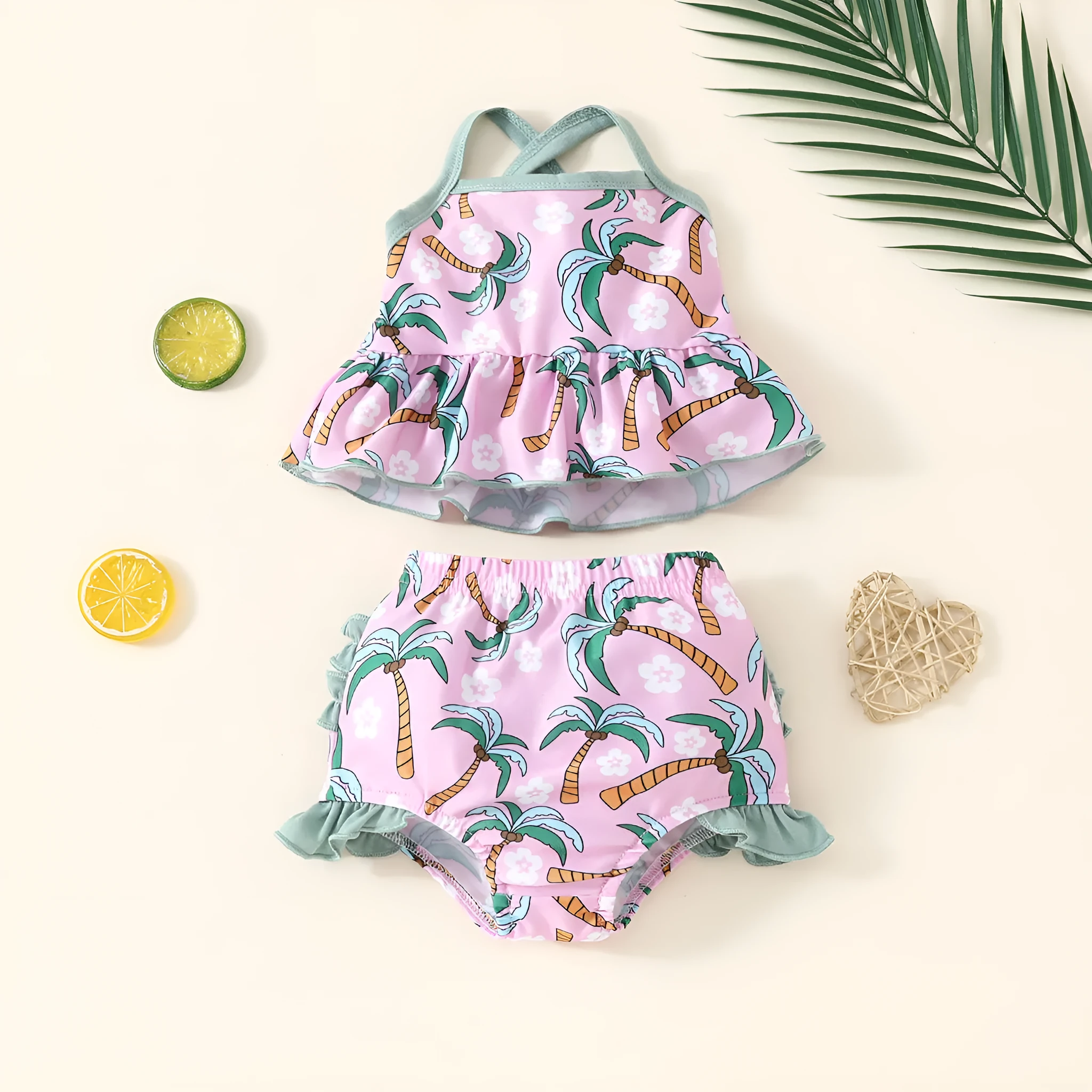 White children's two-piece swimsuit set with shirt and shorts, suitable for ages 6 months to 3 years.