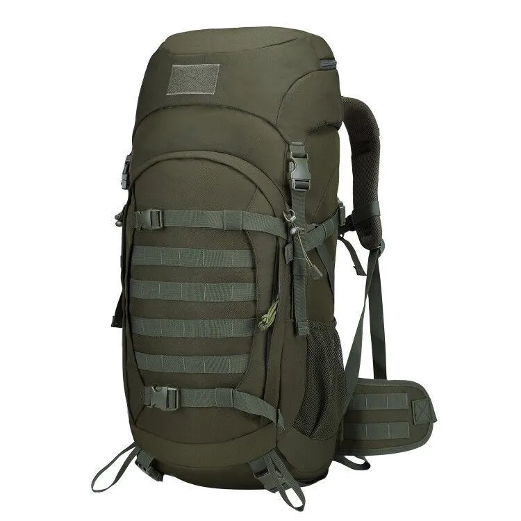 Large 50-litre outdoor sports backpack in polyester, available in black, army green, khaki, and hunter camouflage