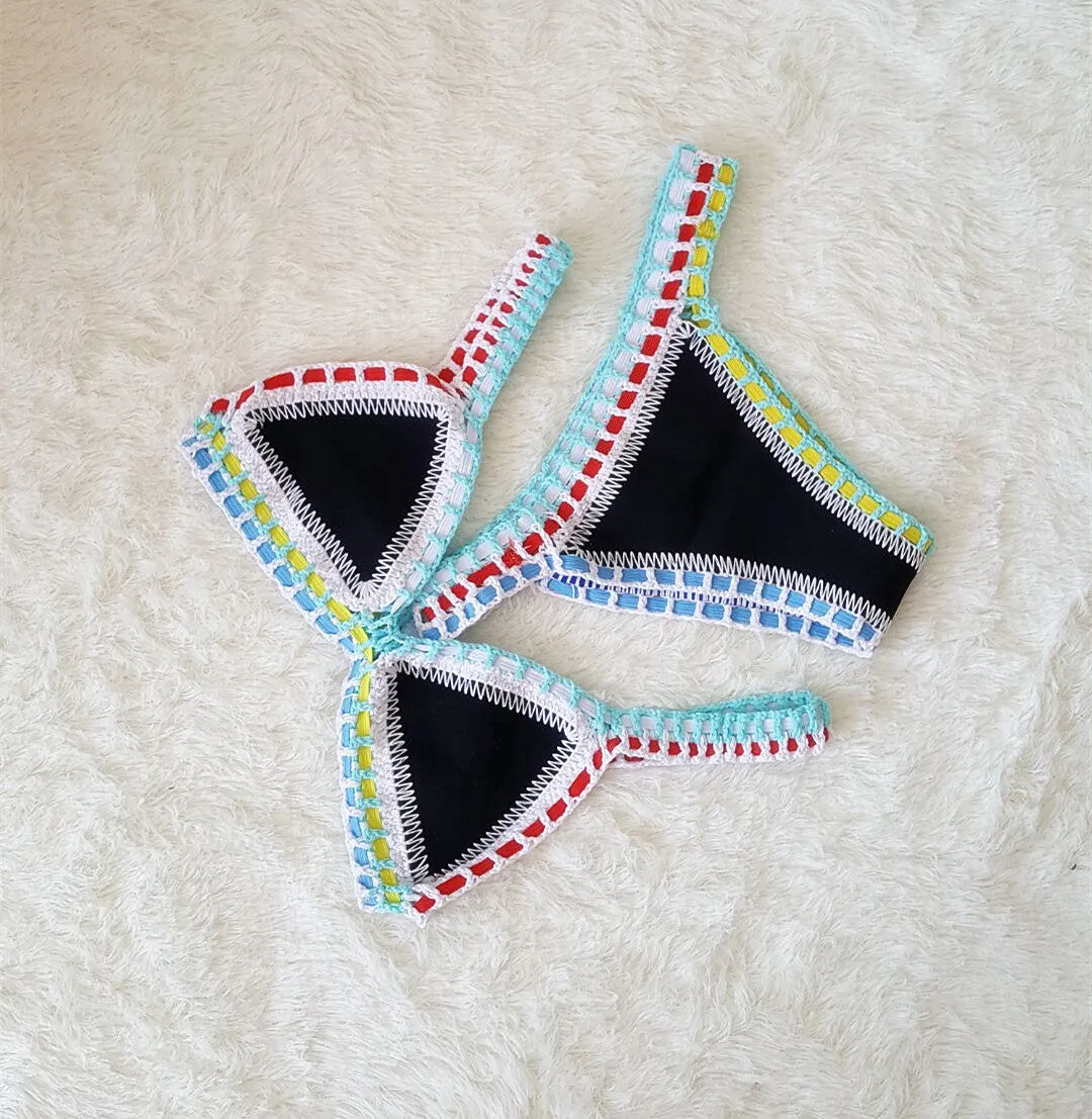 Hand crochet colourful bikini set with lace trim and rubber straps in multiple colours on white background