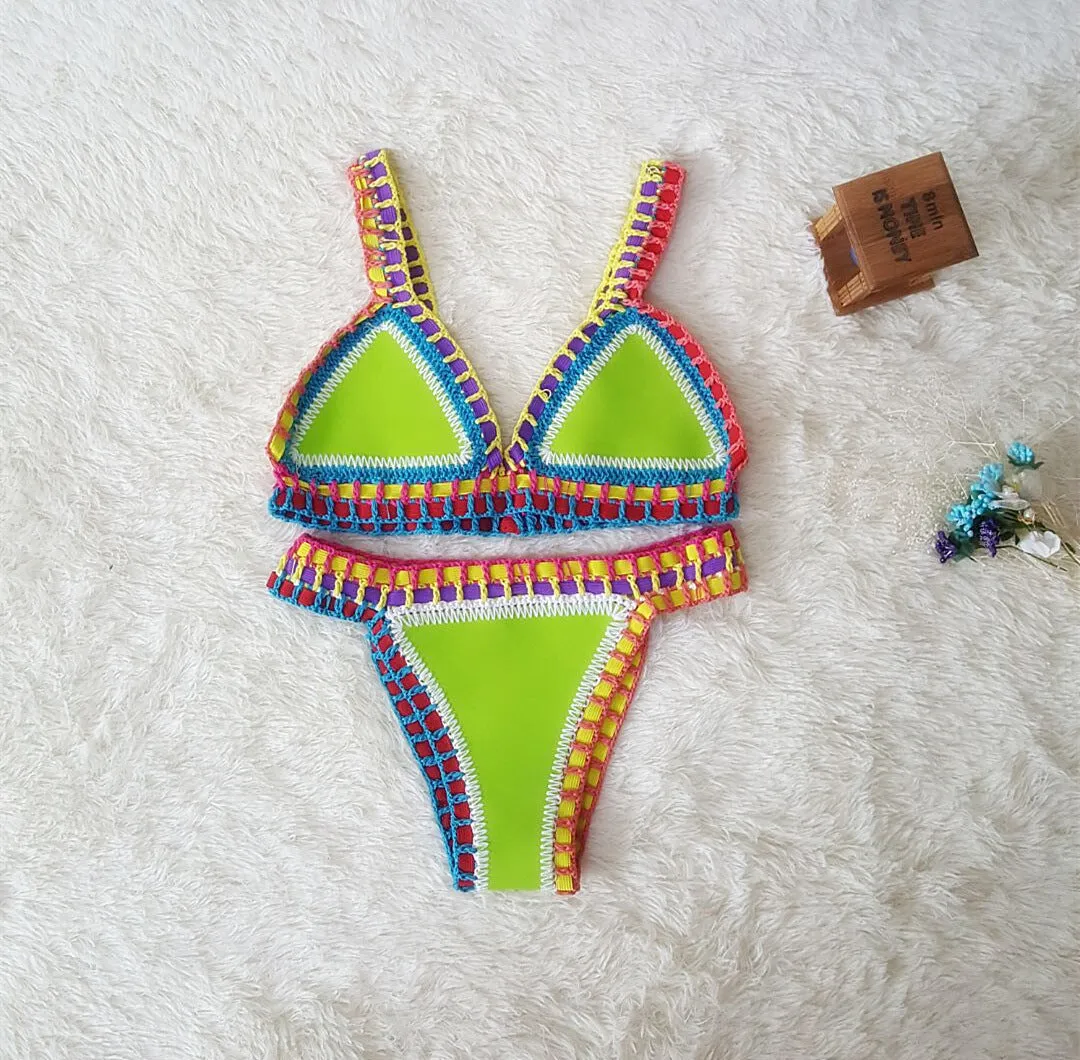 Hand crochet colourful bikini set with lace trim and rubber straps in multiple colours on white background