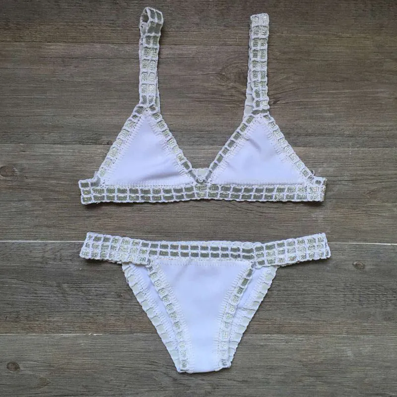 Hand crochet colourful bikini set with lace trim and rubber straps in multiple colours on white background