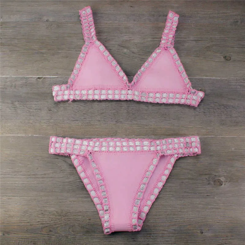 Hand crochet colourful bikini set with lace trim and rubber straps in multiple colours on white background