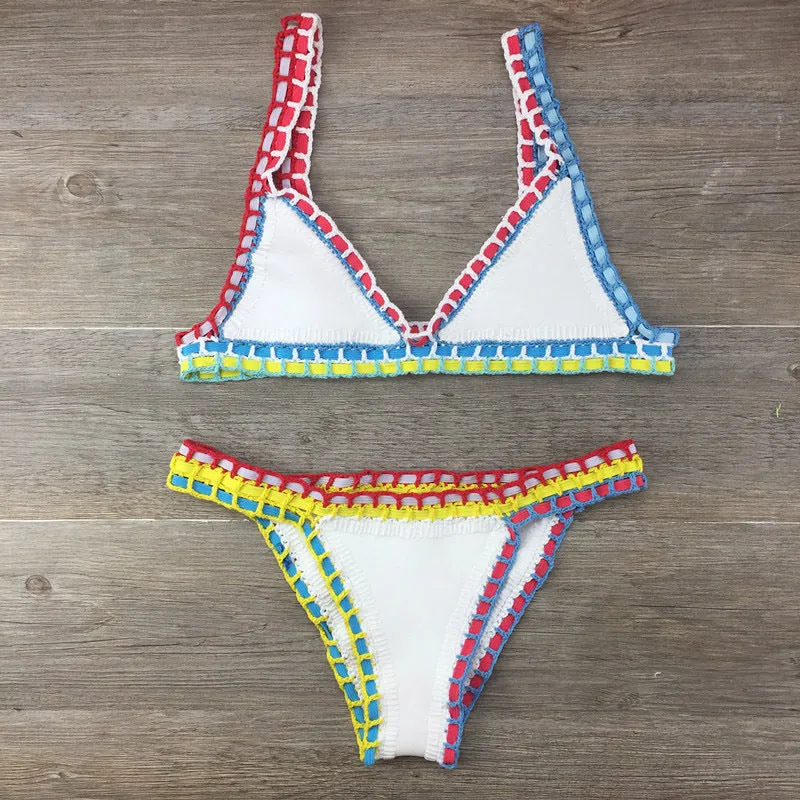 Hand crochet colourful bikini set with lace trim and rubber straps in multiple colours on white background