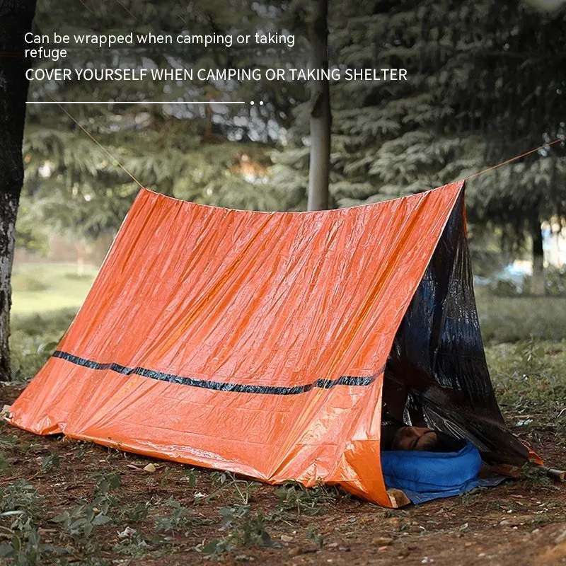 Orange portable disaster relief roof tent with emergency blanket, dimensions 240cm by 150cm