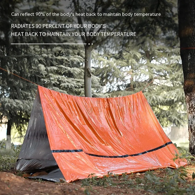 Orange portable disaster relief roof tent with emergency blanket, dimensions 240cm by 150cm