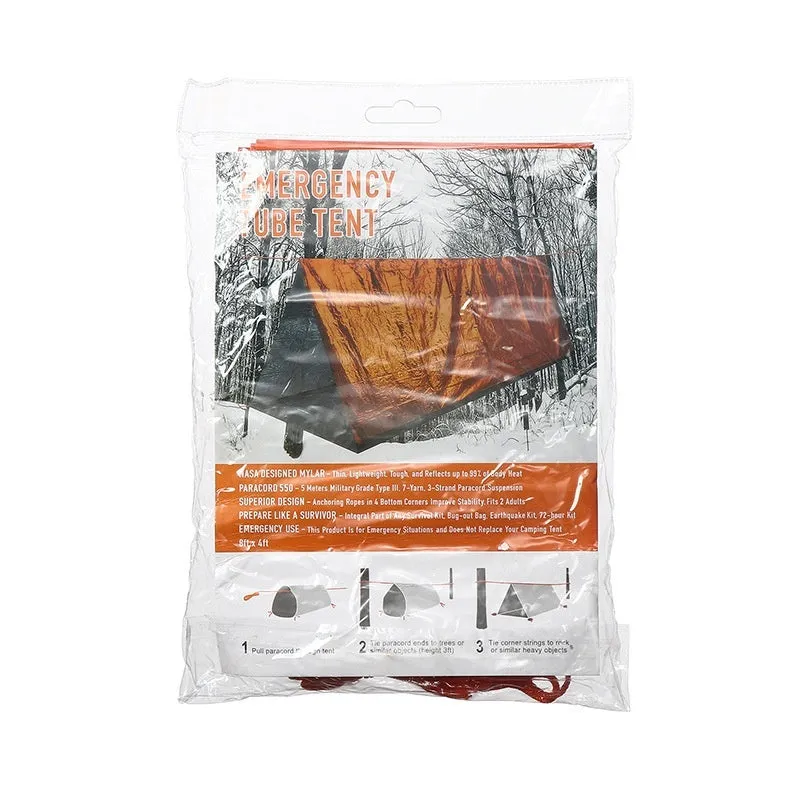 Orange portable disaster relief roof tent with emergency blanket, dimensions 240cm by 150cm