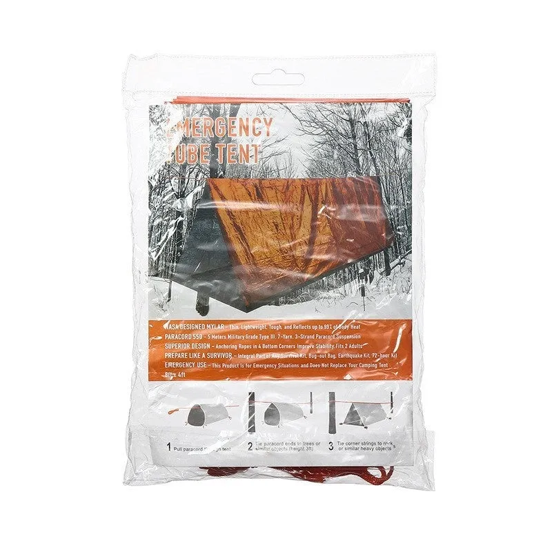 Orange portable disaster relief roof tent with emergency blanket, dimensions 240cm by 150cm