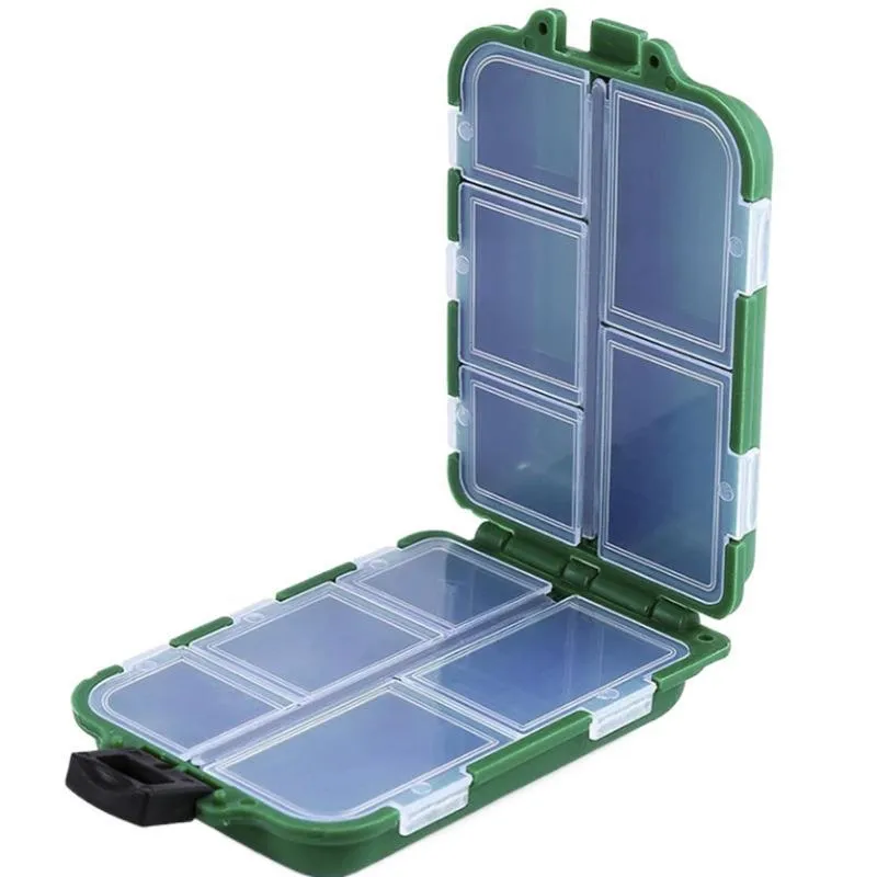 Compact PVC fishing lure storage box in green, 9.9×6.5×3cm, with transparent lid and buckle closure