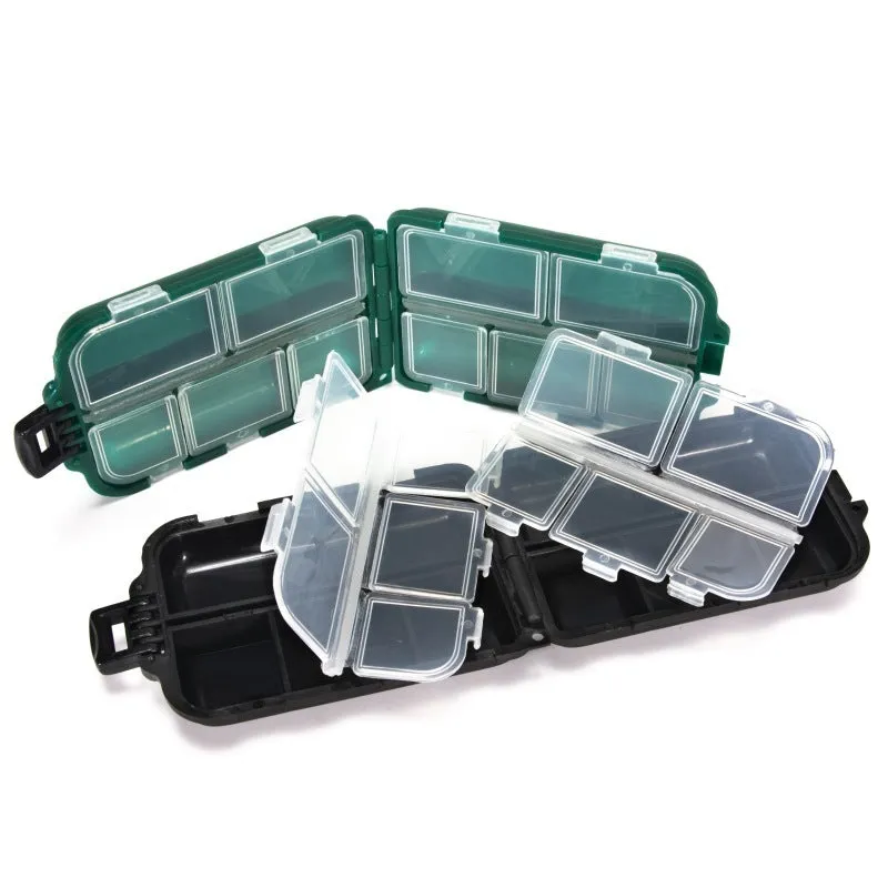 Compact PVC fishing lure storage box in green, 9.9×6.5×3cm, with transparent lid and buckle closure
