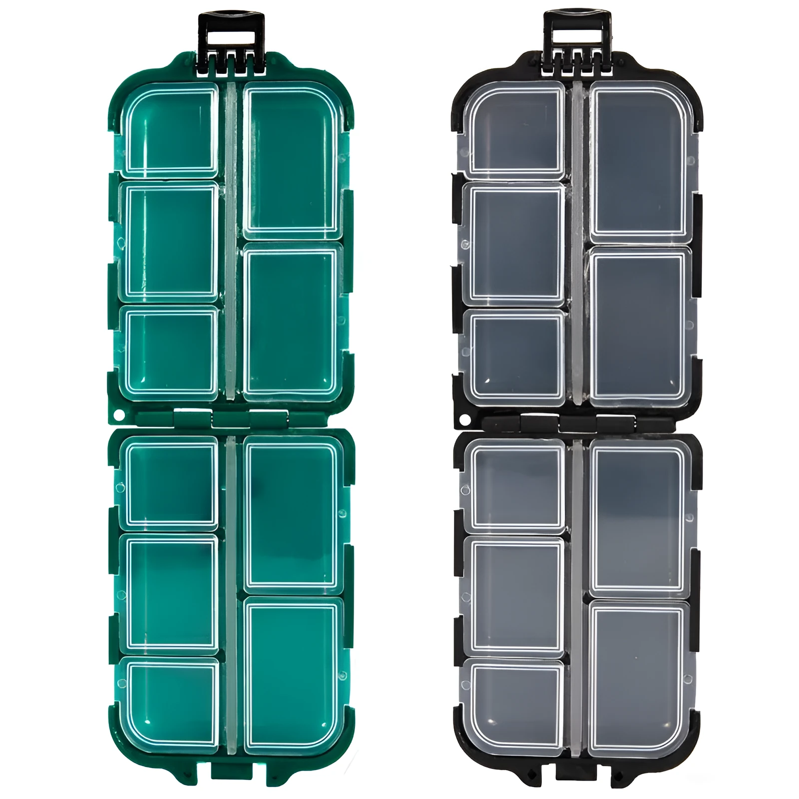 Compact PVC fishing lure storage box in green, 9.9×6.5×3cm, with transparent lid and buckle closure