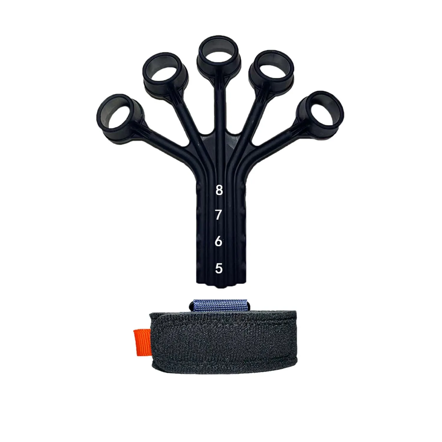 Black and grey silicone finger flexion trainer with adjustable abdominal tension belt.