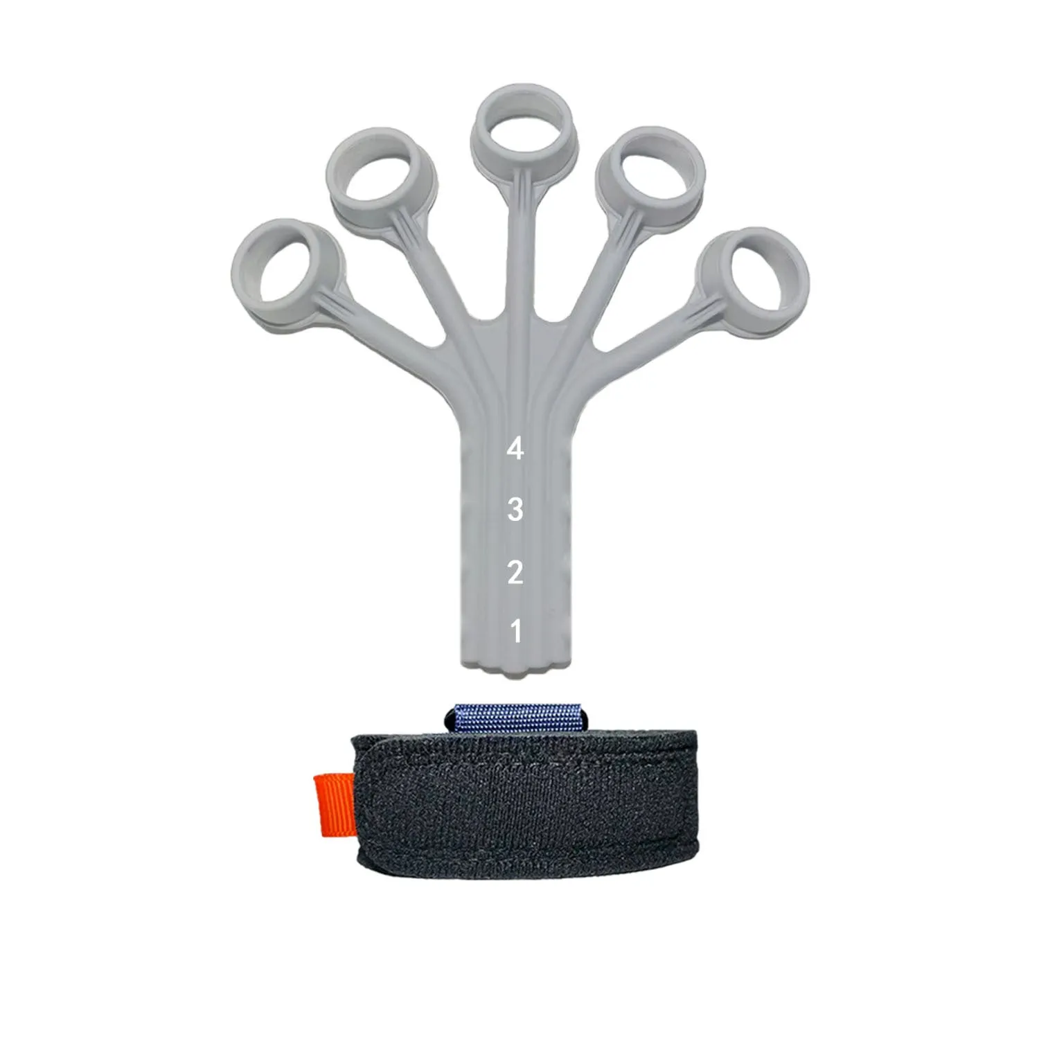 Black and grey silicone finger flexion trainer with adjustable abdominal tension belt.