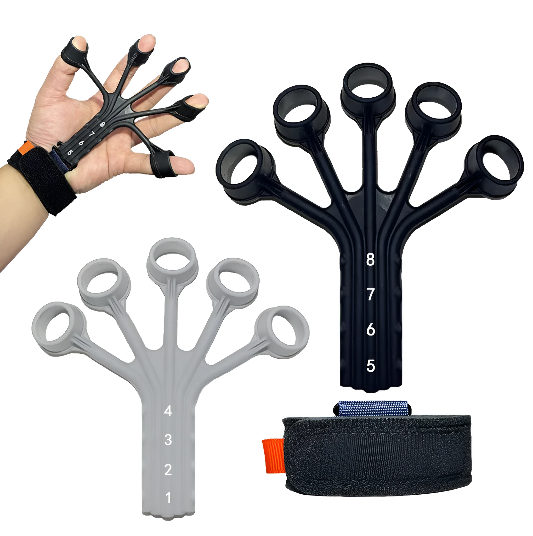 Black and grey silicone finger flexion trainer with adjustable abdominal tension belt.