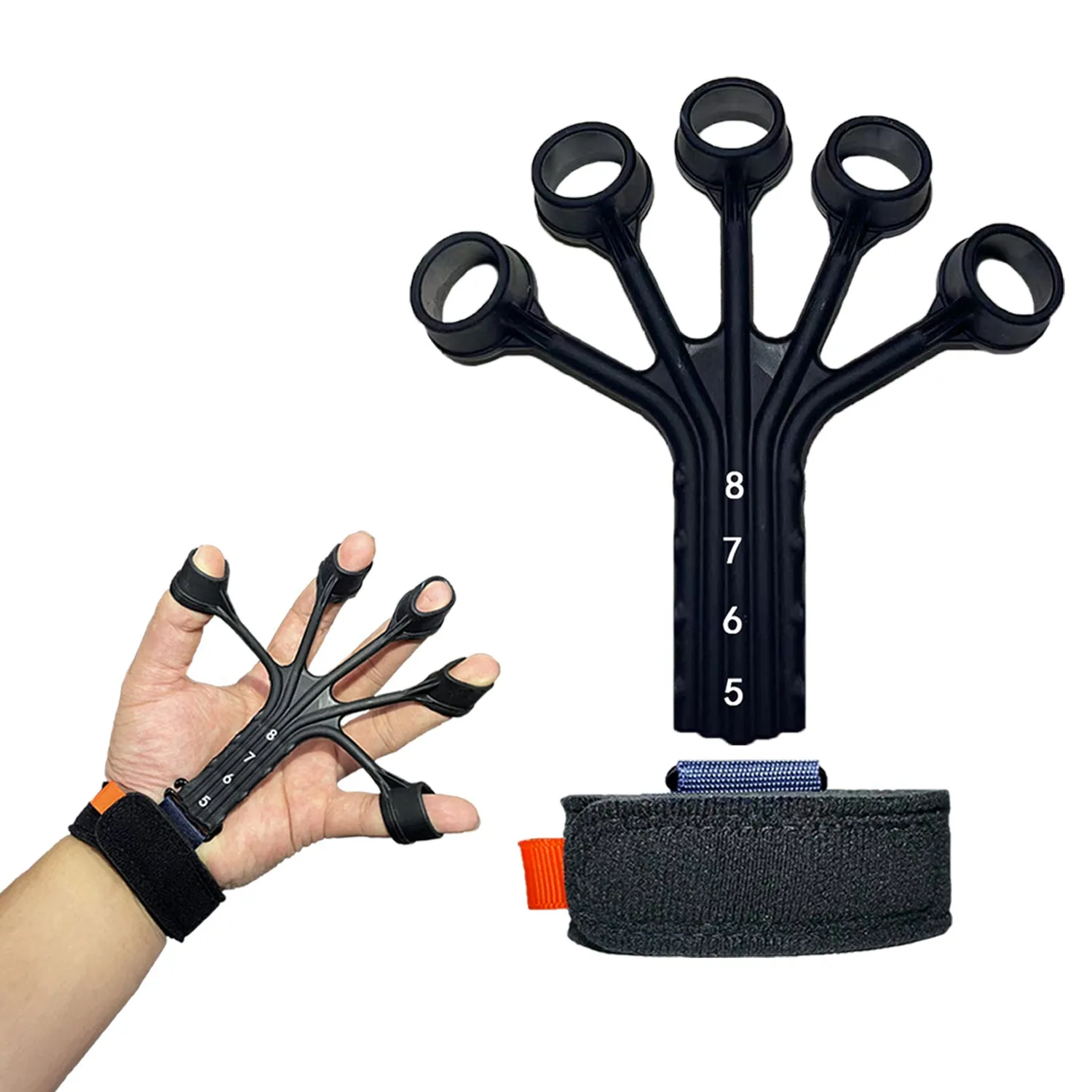 Black and grey silicone finger flexion trainer with adjustable abdominal tension belt.