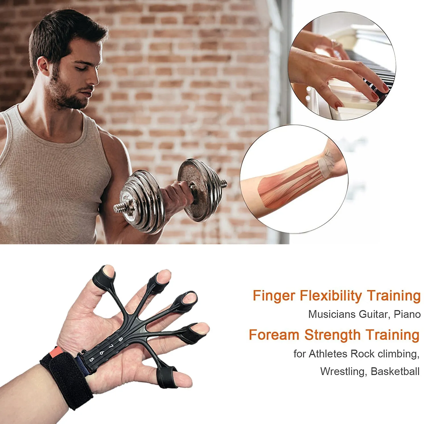 Black and grey silicone finger flexion trainer with adjustable abdominal tension belt.