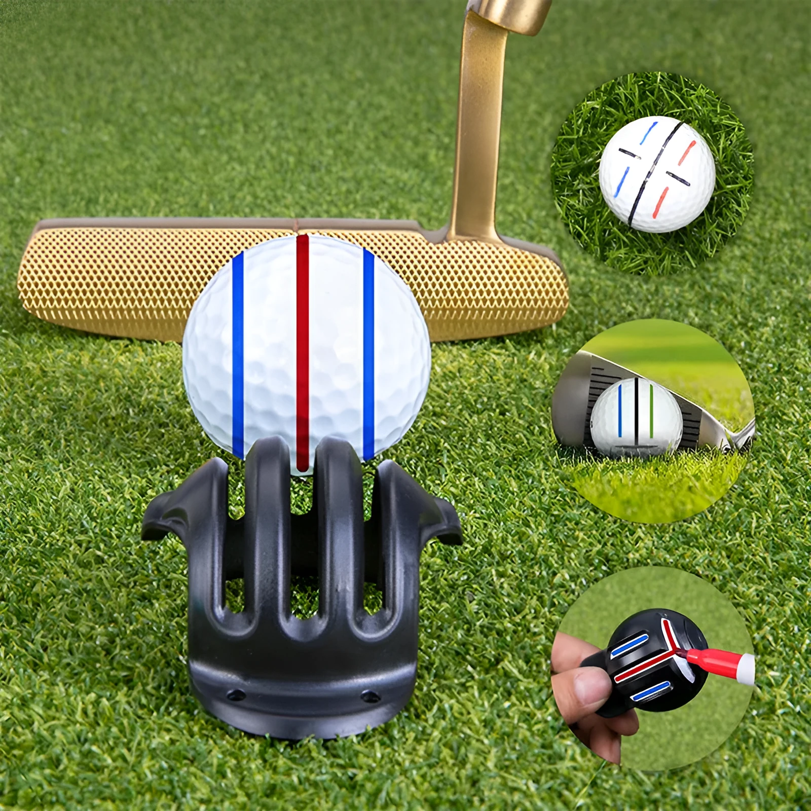 White plastic golf putting alignment tool holding four metal scribers, with a drawing pen inserted in the side holder, on a green golf putting mat.