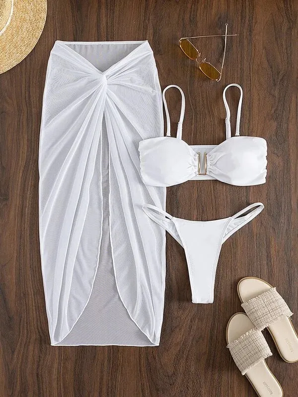 Multicolour French style bikini three-piece set with long culottes in eight colour options