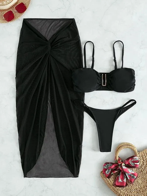 Multicolour French style bikini three-piece set with long culottes in eight colour options