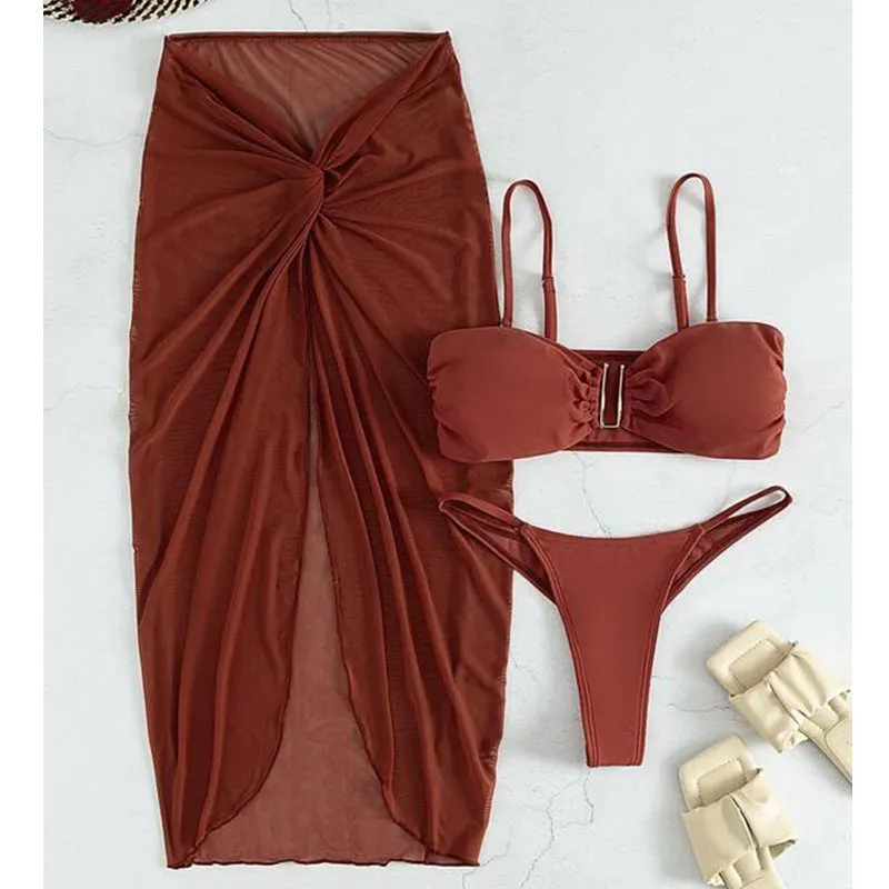 Multicolour French style bikini three-piece set with long culottes in eight colour options