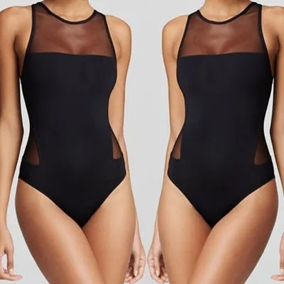 Women's black retro wave high waist Siamese swimsuit with triangle top on model, polyester acrylic blend