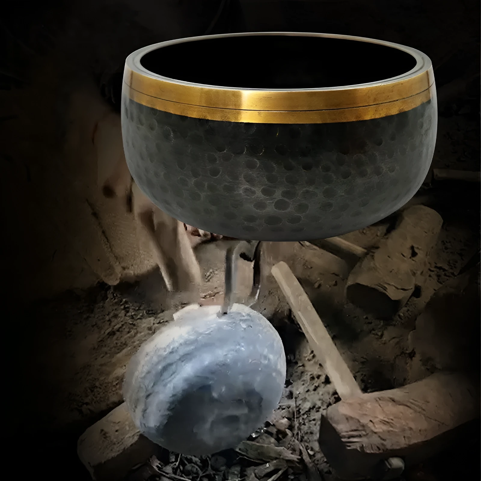 Black and gold copper sound bowl with Buddha design on thin pad, 12.5cm calibre