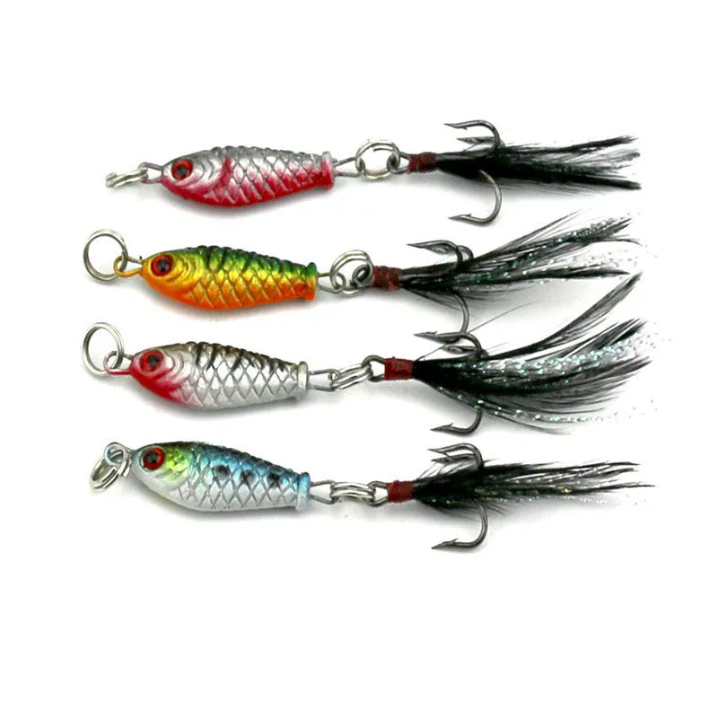 HENGJIA Mini Lead Fish Bait 5g 2.5cm metal lure with 3D eyes and 6# hook in four assorted colours