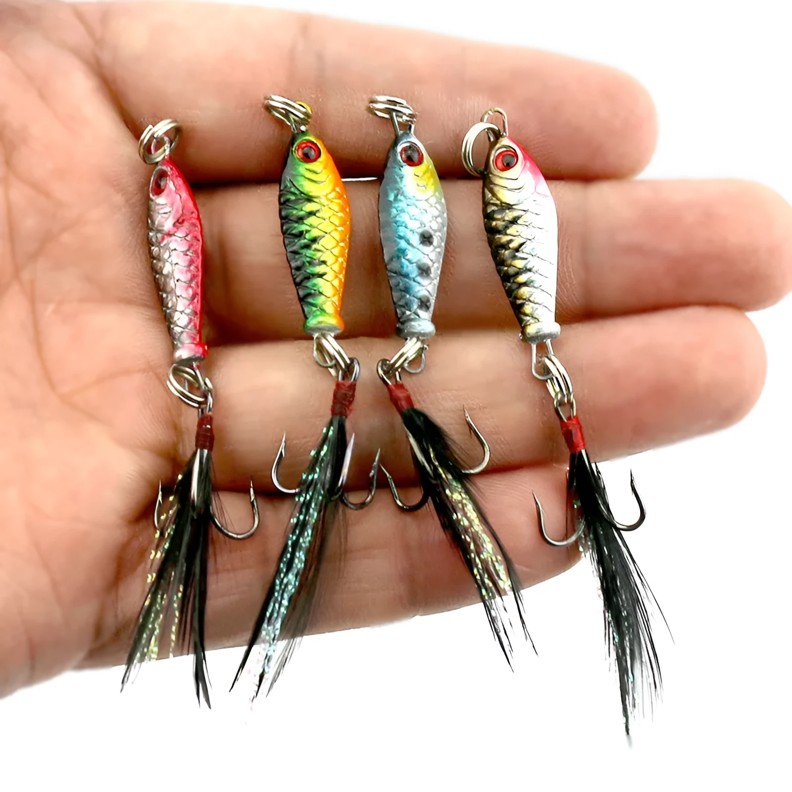HENGJIA Mini Lead Fish Bait 5g 2.5cm metal lure with 3D eyes and 6# hook in four assorted colours