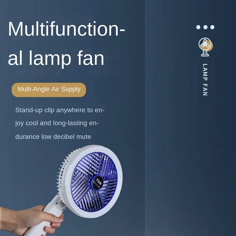 White and blue plastic rechargeable clip fan with USB cable, 29x18cm, clamped on a desk edge