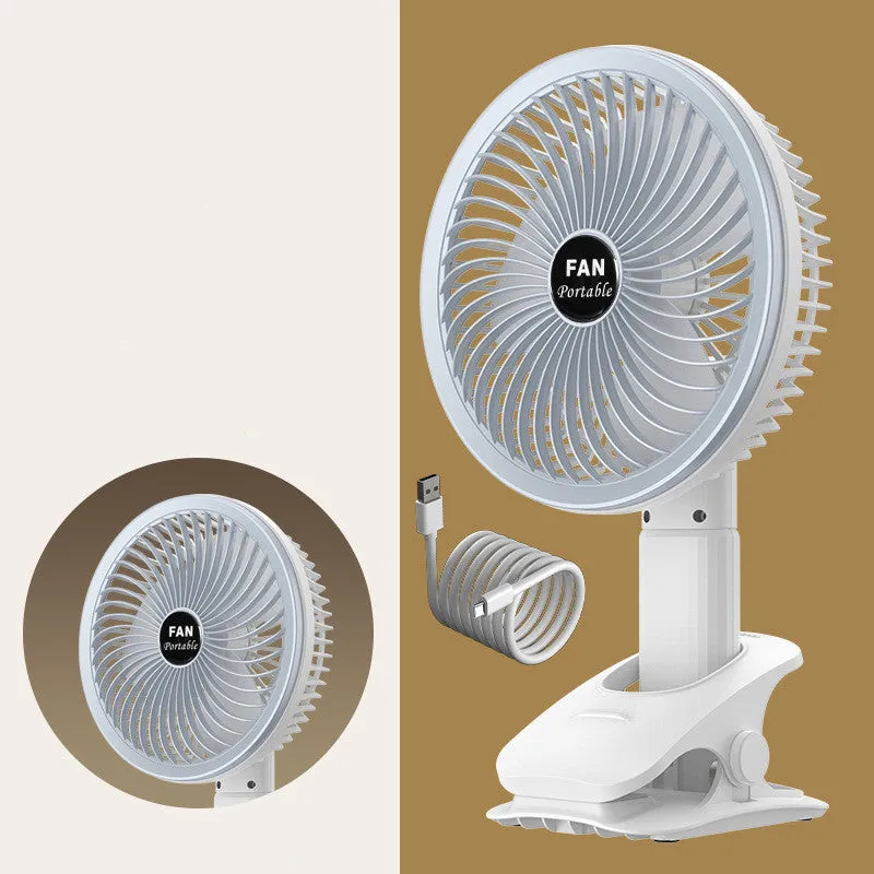 White and blue plastic rechargeable clip fan with USB cable, 29x18cm, clamped on a desk edge