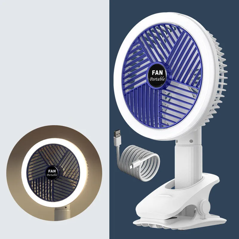 White and blue plastic rechargeable clip fan with USB cable, 29x18cm, clamped on a desk edge