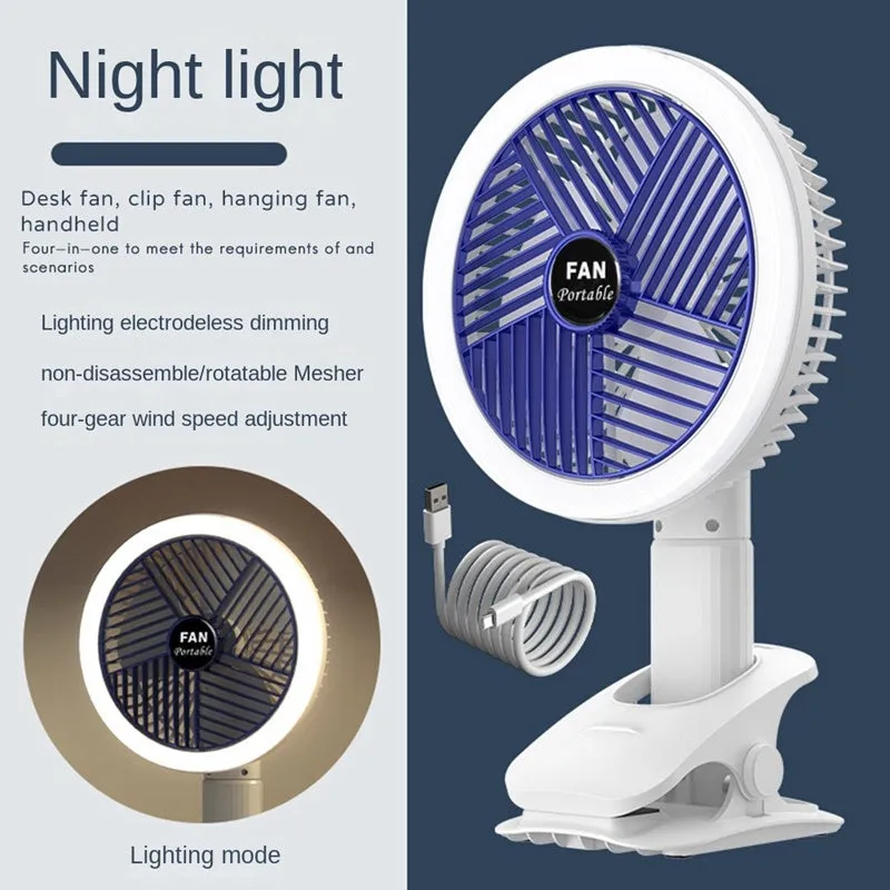 White and blue plastic rechargeable clip fan with USB cable, 29x18cm, clamped on a desk edge
