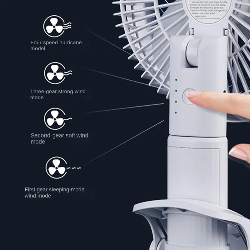 White and blue plastic rechargeable clip fan with USB cable, 29x18cm, clamped on a desk edge