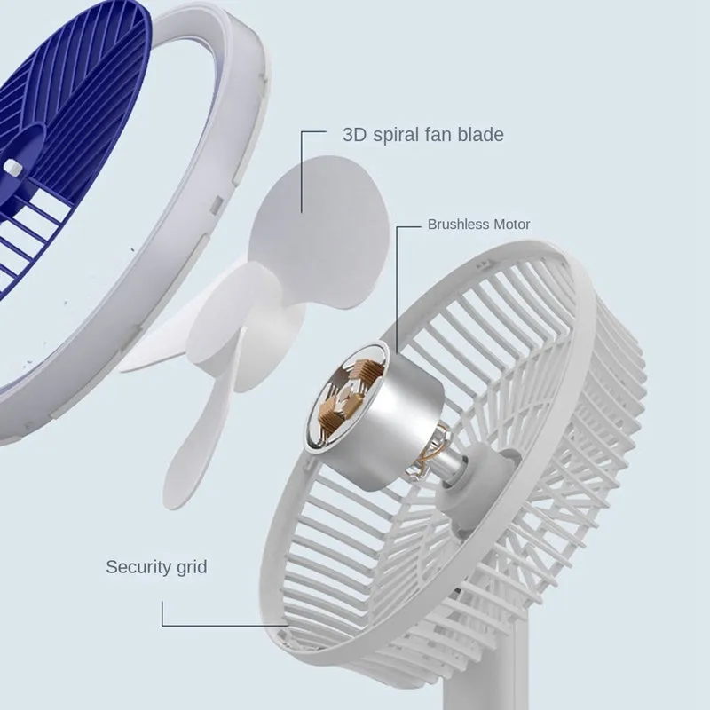White and blue plastic rechargeable clip fan with USB cable, 29x18cm, clamped on a desk edge