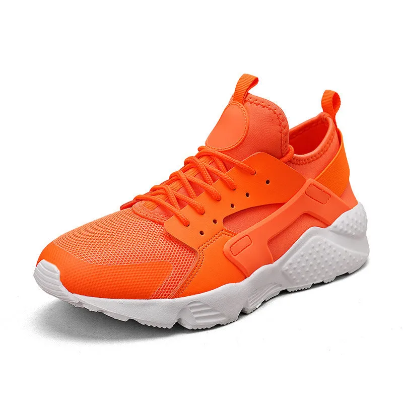 Men's fluorescent red mesh casual trainers with cross shoulder straps and white laces on a flat MD sole.