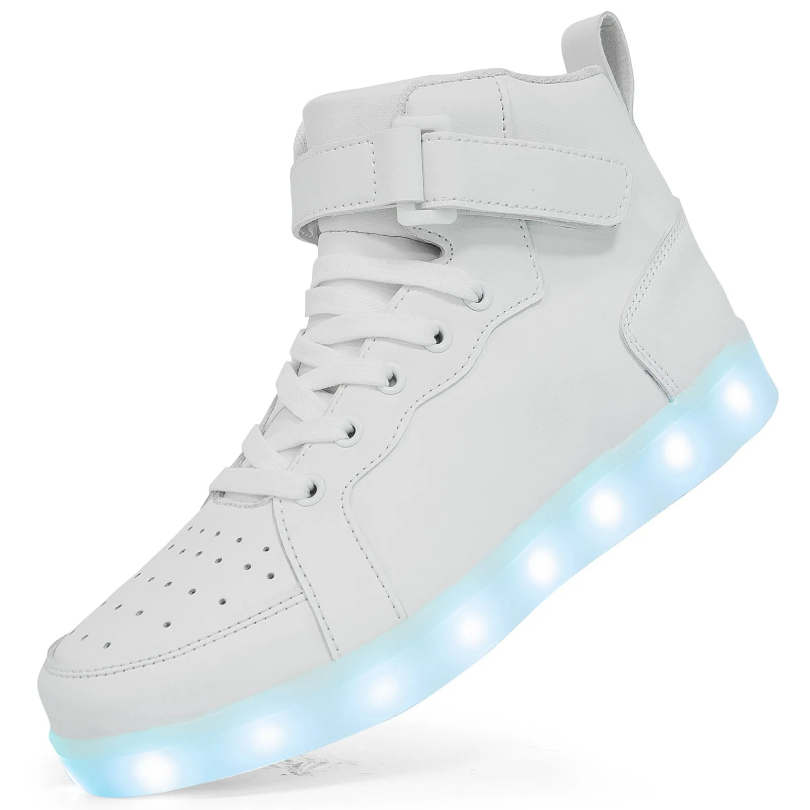 LED light up high-top sneakers in multiple colours on a dark background, showing Velcro strap and illuminated soles.