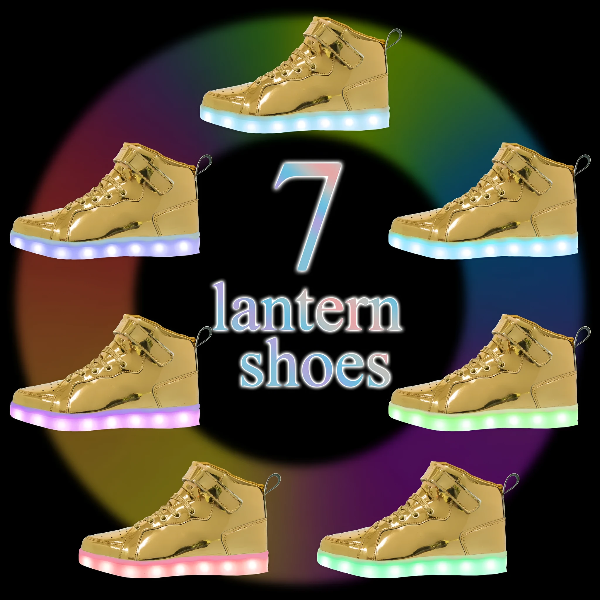 LED light up high-top sneakers in multiple colours on a dark background, showing Velcro strap and illuminated soles.