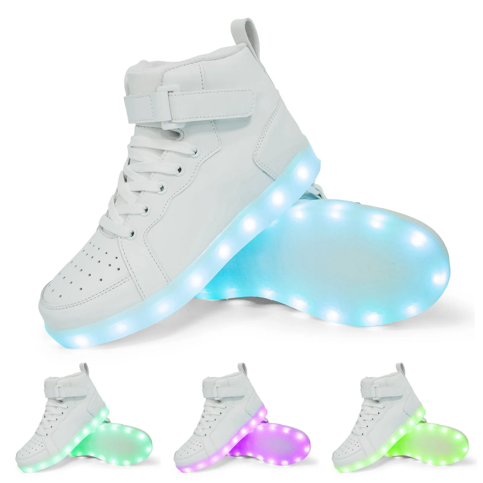 LED light up high-top sneakers in multiple colours on a dark background, showing Velcro strap and illuminated soles.