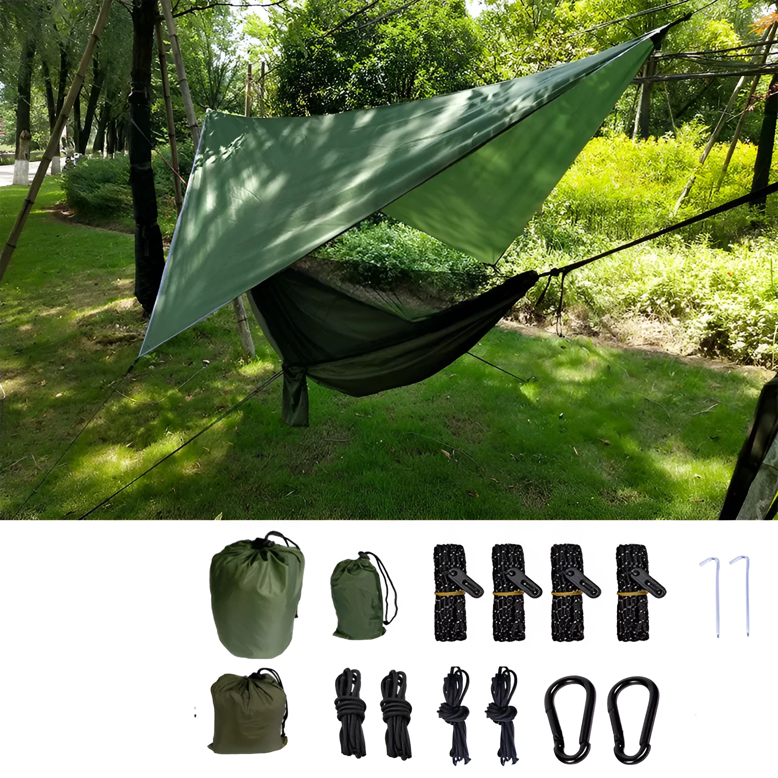 Portable camping hammock with nylon rope surface and integrated mosquito net, with a large polyester plaid diamond canopy in army green colour