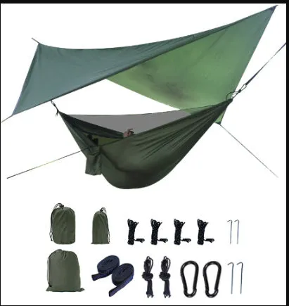 Portable camping hammock with nylon rope surface and integrated mosquito net, with a large polyester plaid diamond canopy in army green colour