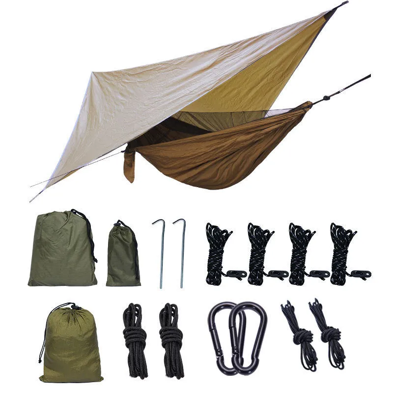 Portable camping hammock with nylon rope surface and integrated mosquito net, with a large polyester plaid diamond canopy in army green colour