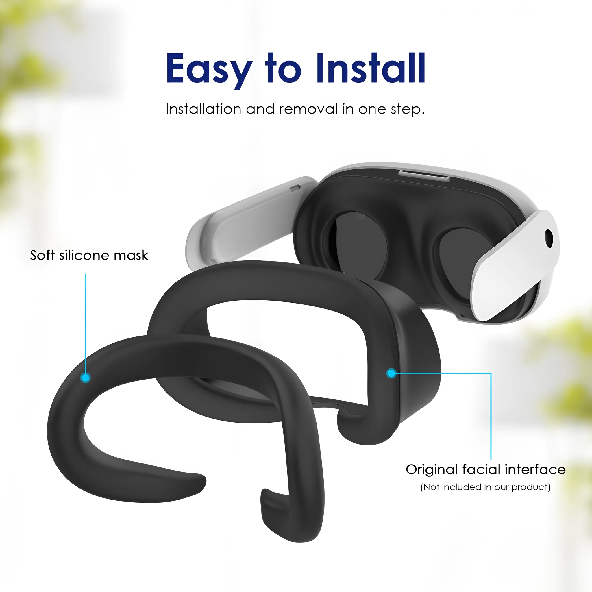 Silicone VR headset face mask replacement in black with clip belt attachment