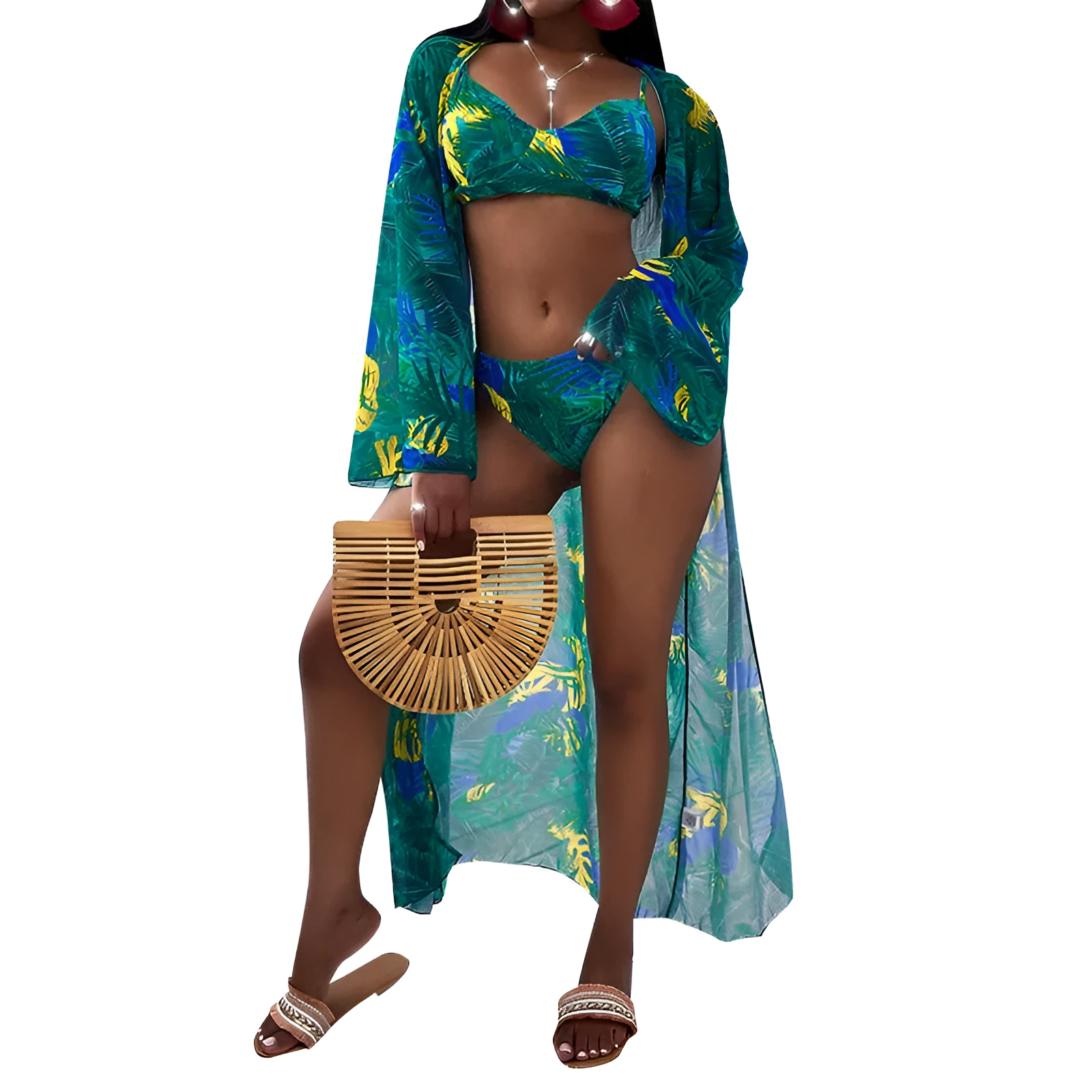 Women's three-piece printed bikini split swimsuit in green with removable pads, polyester fabric, available in S-XL sizes